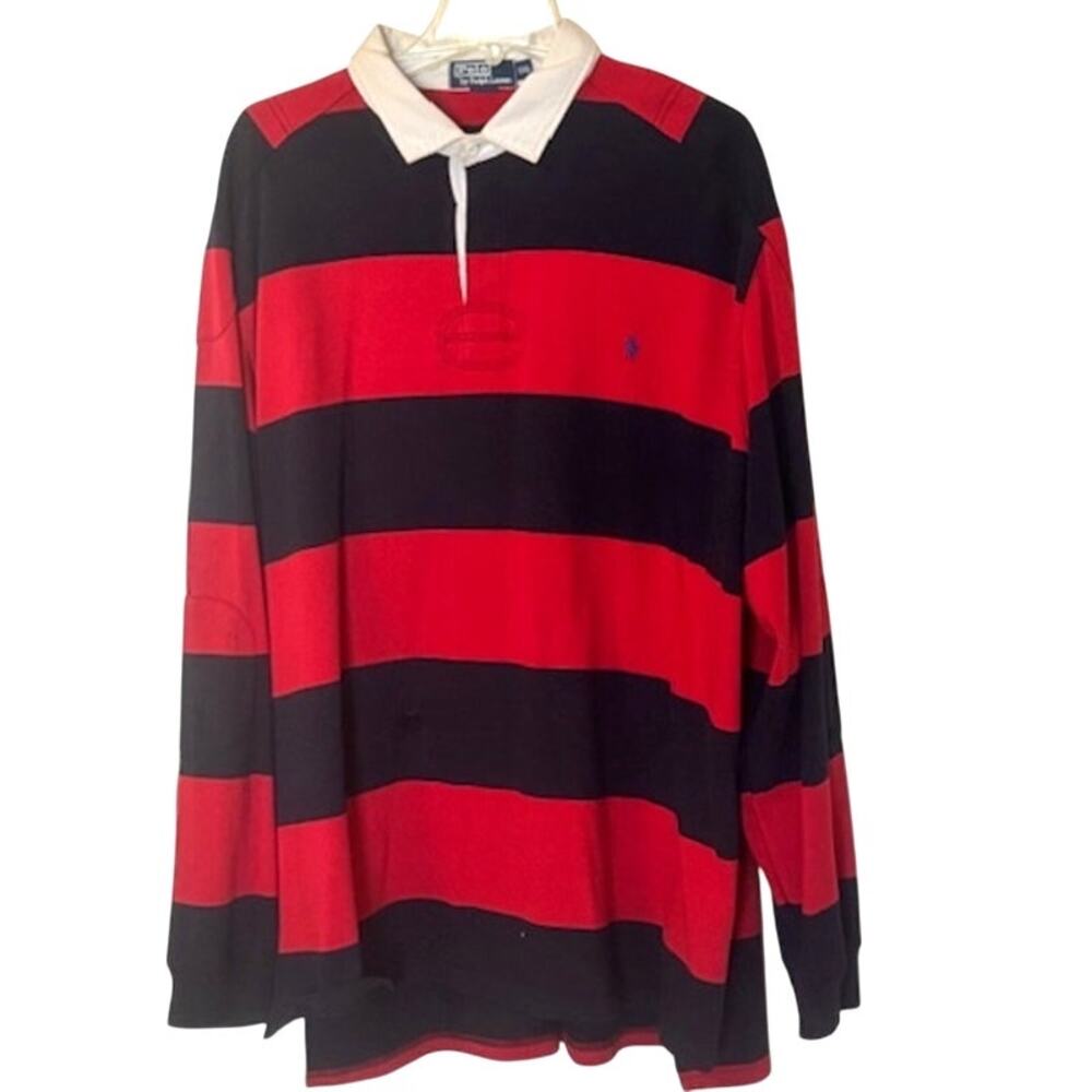 Vintage Polo Ralph Lauren 90's Rugby Shirt 100% Cotton Striped Elbow Patches XXL